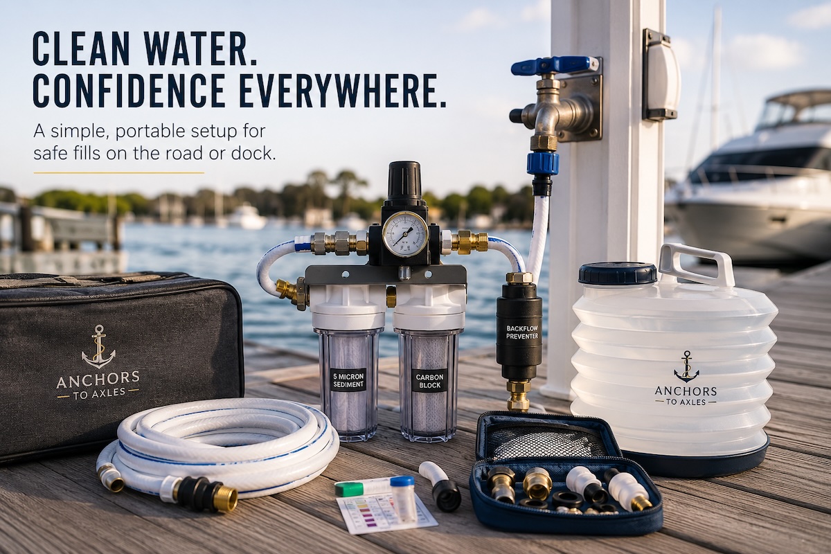 Water system essentials that travel well: filters, collapsible jugs, and fill adapters we trust, plus the checklist we run before taking on sketchy dock or campground water